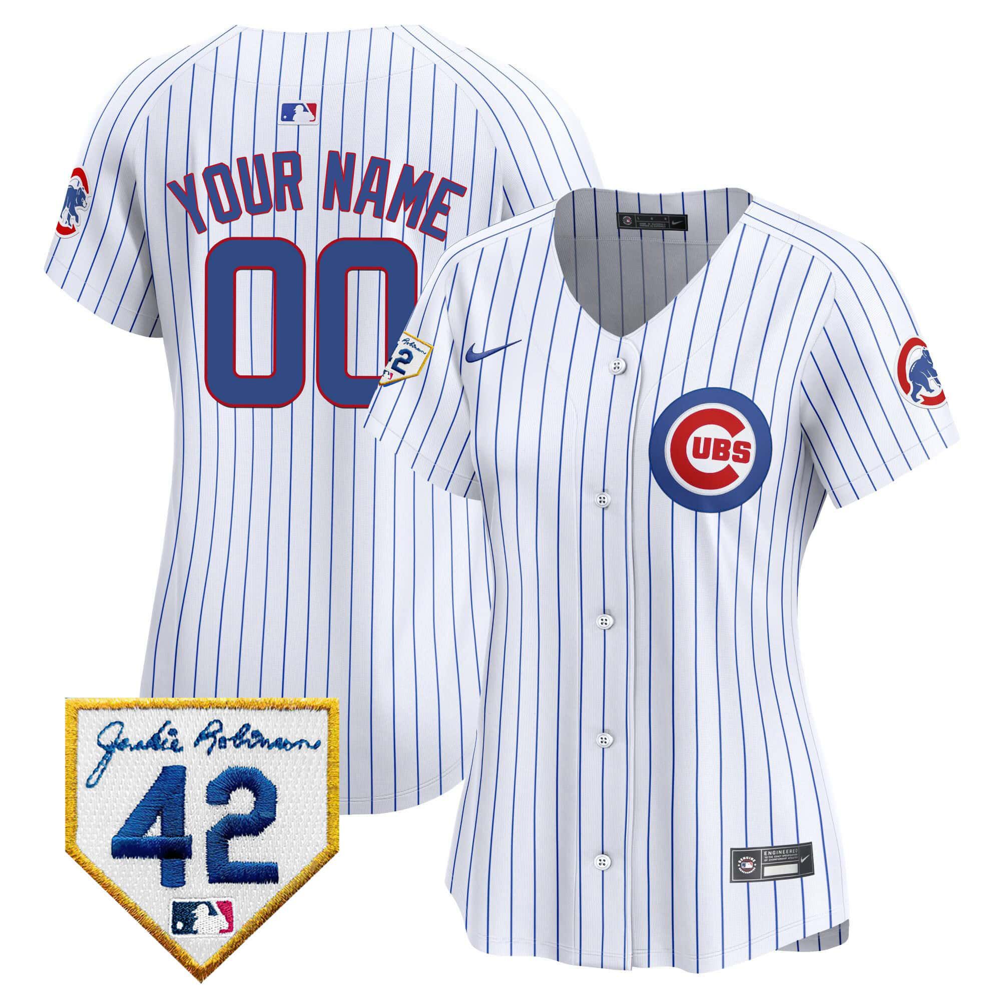 Women Chicago Cubs White Stripe Nike 2024 Jackie Robinson Patch Vapor Premier Limited Custom MLB Jersey